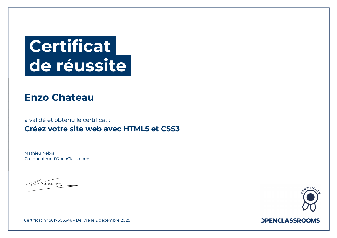 Aperçu du certificat de réussite : HTML5 CSS3