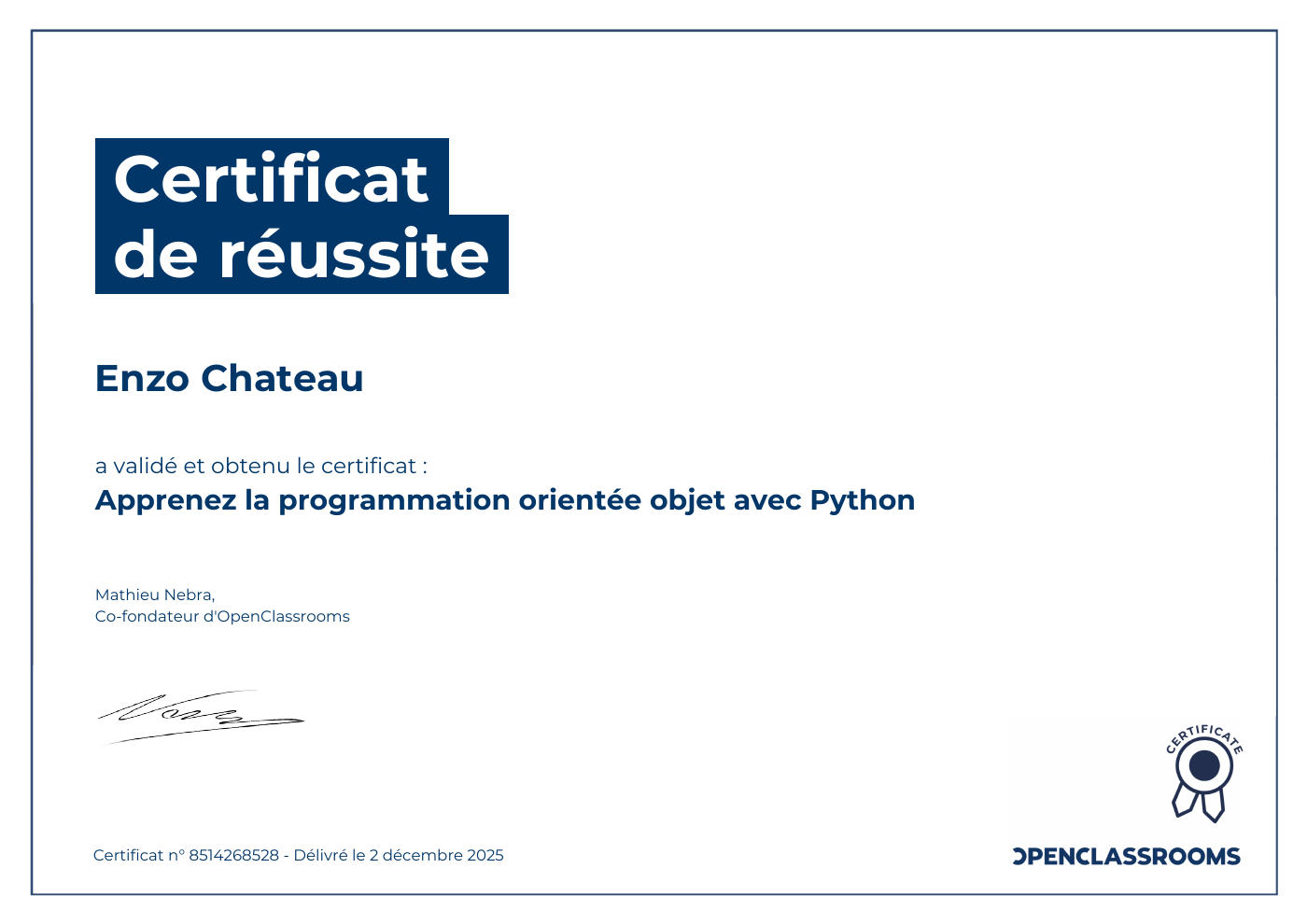 Aperçu du certificat de réussite : Python